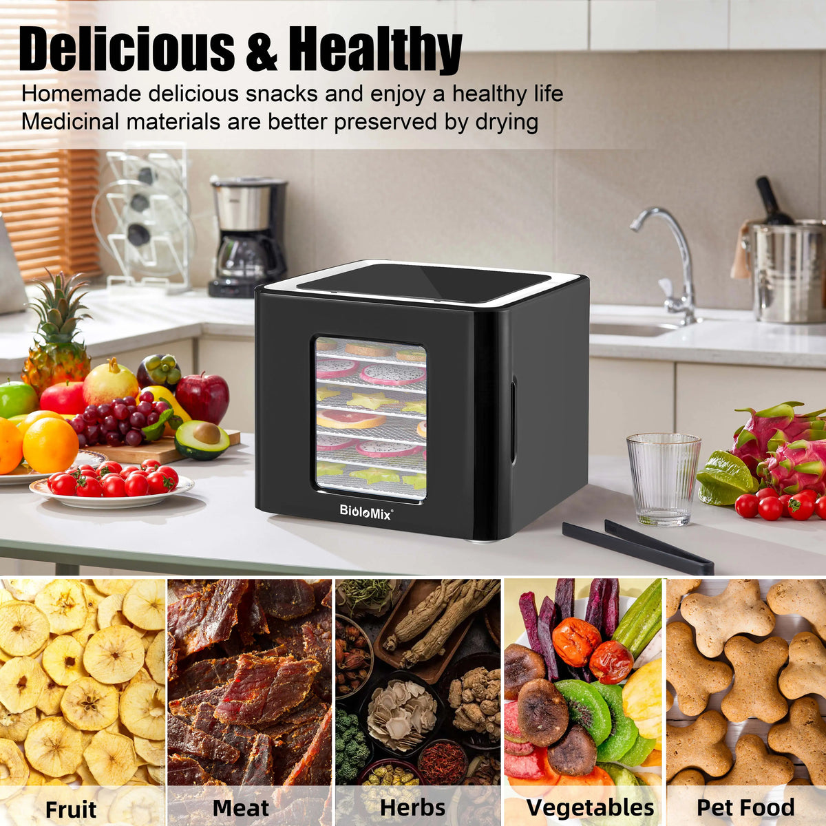 BioloMix Voedseldroger Voordeelset - Nieuwste Model professionele Dehydrator - 10 laags Droogoven - Handboek Voedsel Drogen - 6 Siliconen Bakmatten - WM 2110 DH - Dubbelwandig RVS - 25°C tot 90°C - QUORE