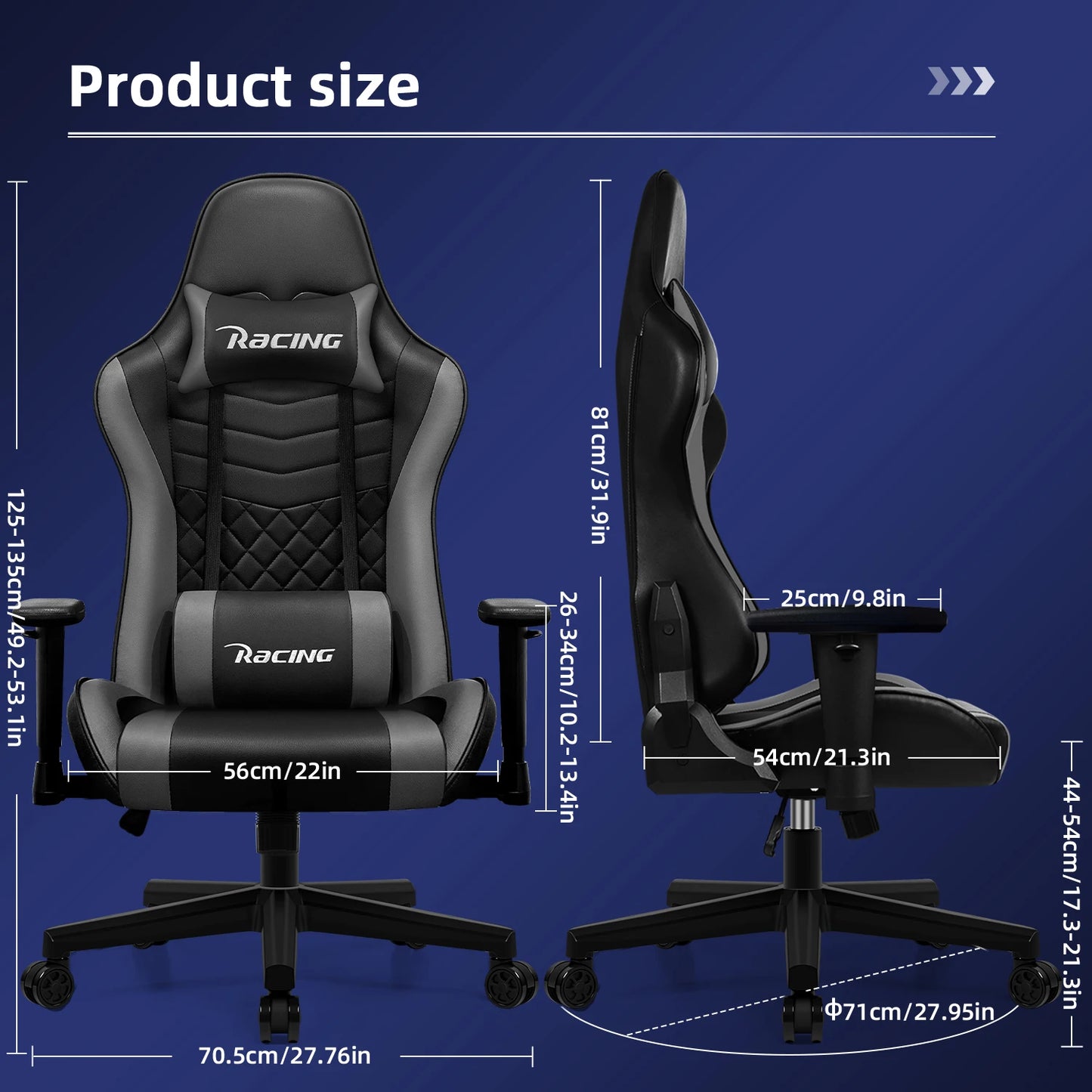 Ergonomische Gamingstoel – Bureaustoel – Relaxstoel – Office Chair – Zwart Grijs – Verstelbare Armleuningen – Rugleuning 90°-170°