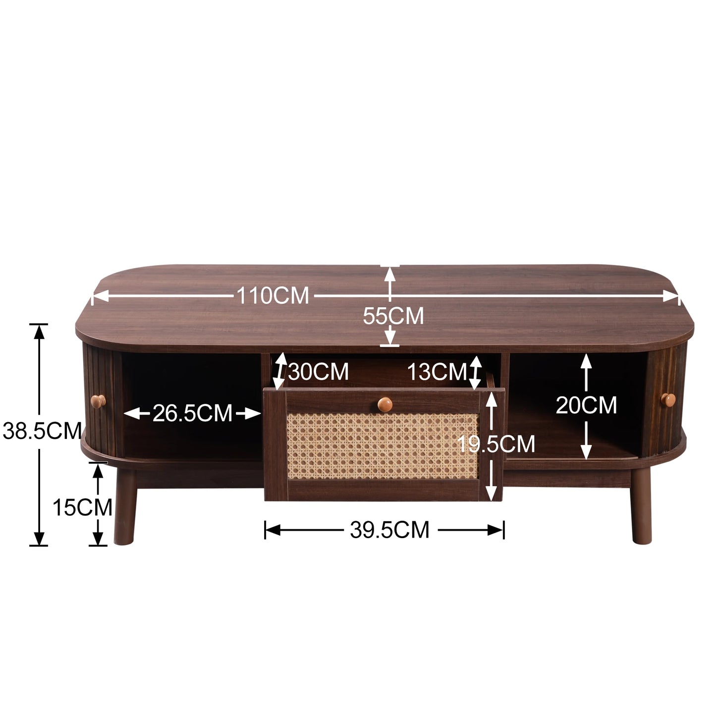 Rattan Salontafel – Woonkamer Tafel – Koffietafel – Bijzettafel – Houten Tafel – Ruime Bovenplaat 110x55 cm – Handgemaakte Rattan Lade Met Massief Houten Details