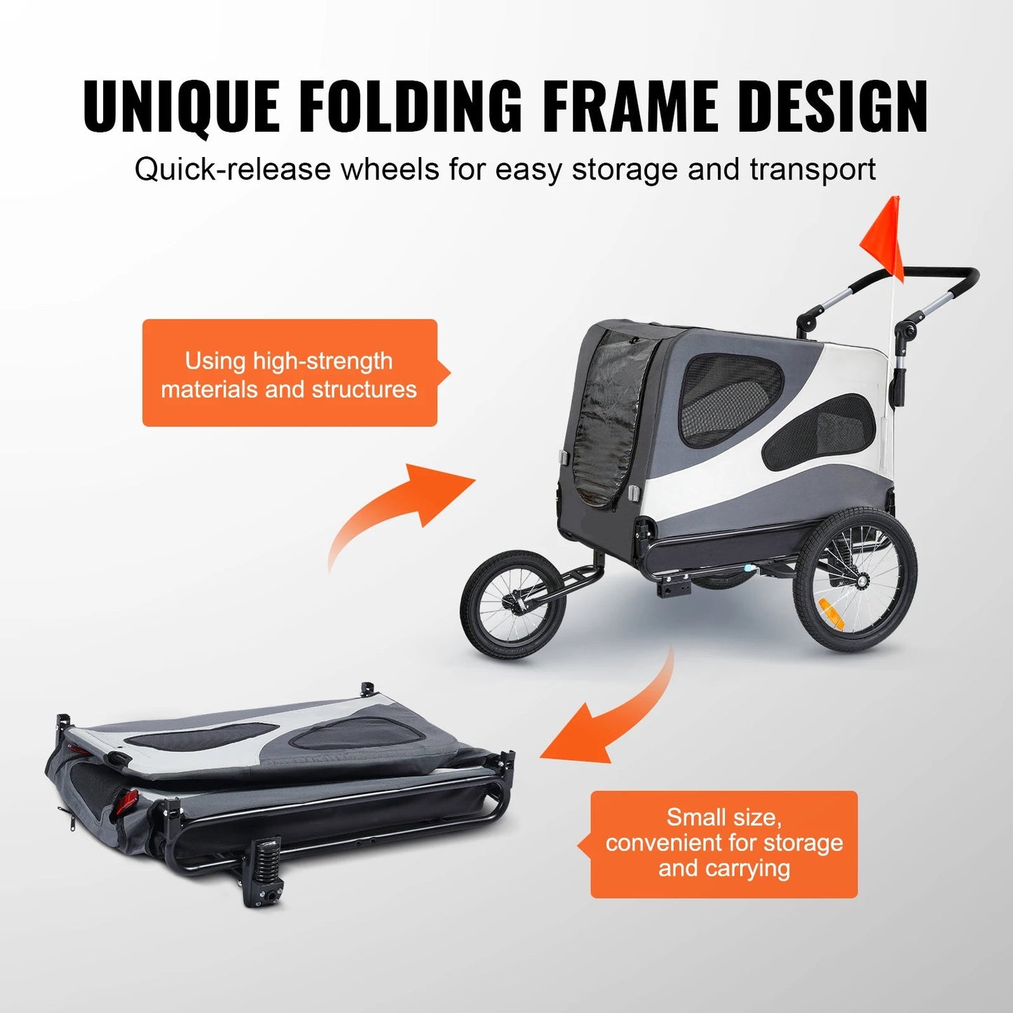 2 in 1 - Fietskar - Fietsaanhanger - Transportaanhanger - Kar - Huisdier Kinderwagen - met Vlag - Mesh-vensters - Draagkracht 45kg - Weerbestendig - Oxfordstof - Metalen frame - 81 x 56 x 60 cm - Zwart & Grijs
