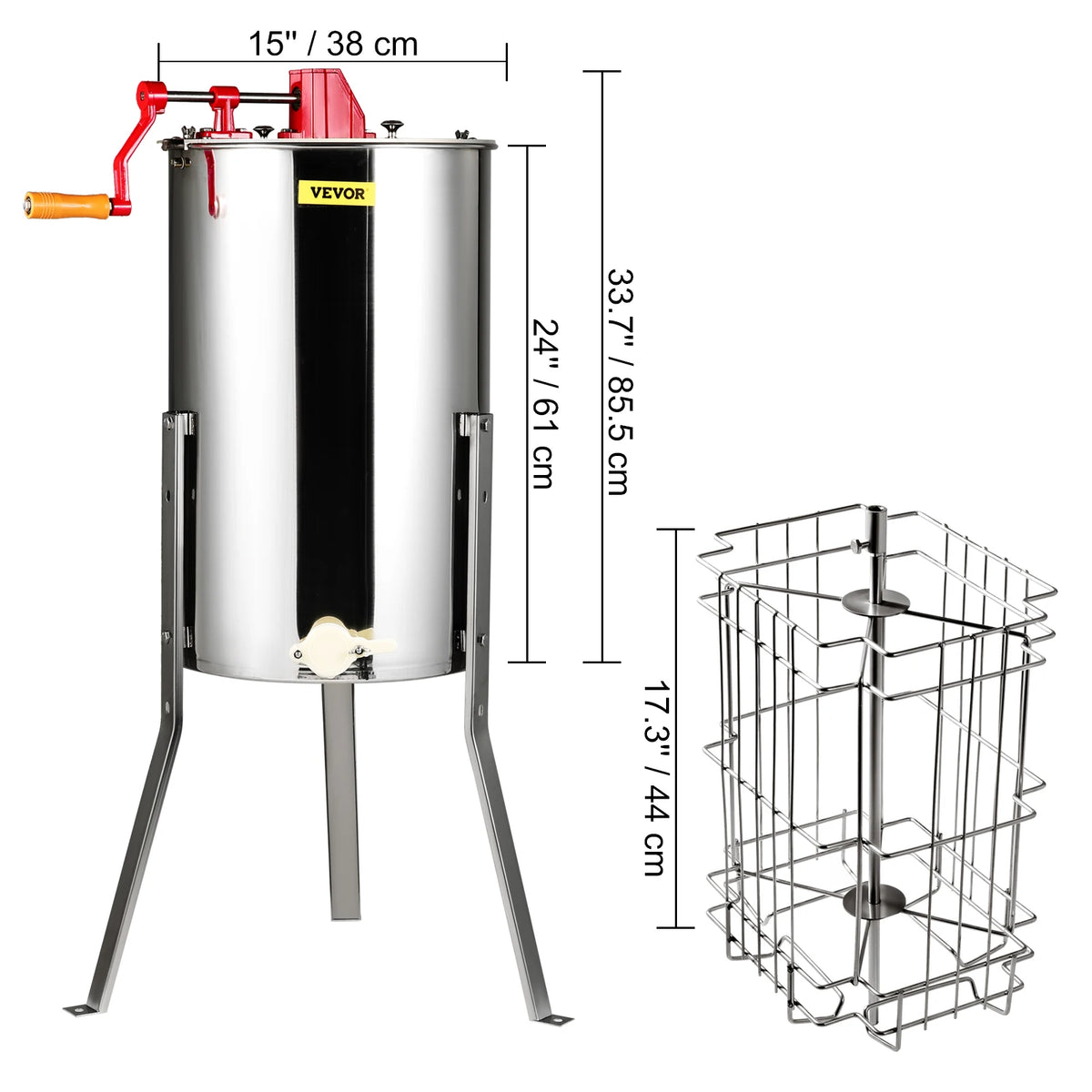 Honing Extractor - 2-4 Frame - Handmatig - Roestvrij Staal - Honingslinger voor Imkers - Honingraat Spinner - Crank Honing Centrifuge - Bijenteelt Apparatuur - Zilver