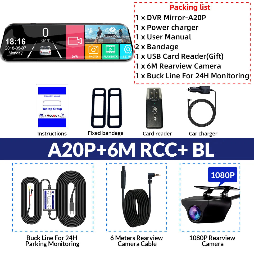 Dashcam voor Auto - 10 Inch Touchscreen Spiegelcamera - 1080P AHD Dashcam - Nachtzicht - Groothoek 170° - Parkeermodus - Inclusief 6M RCC BL - Zwart