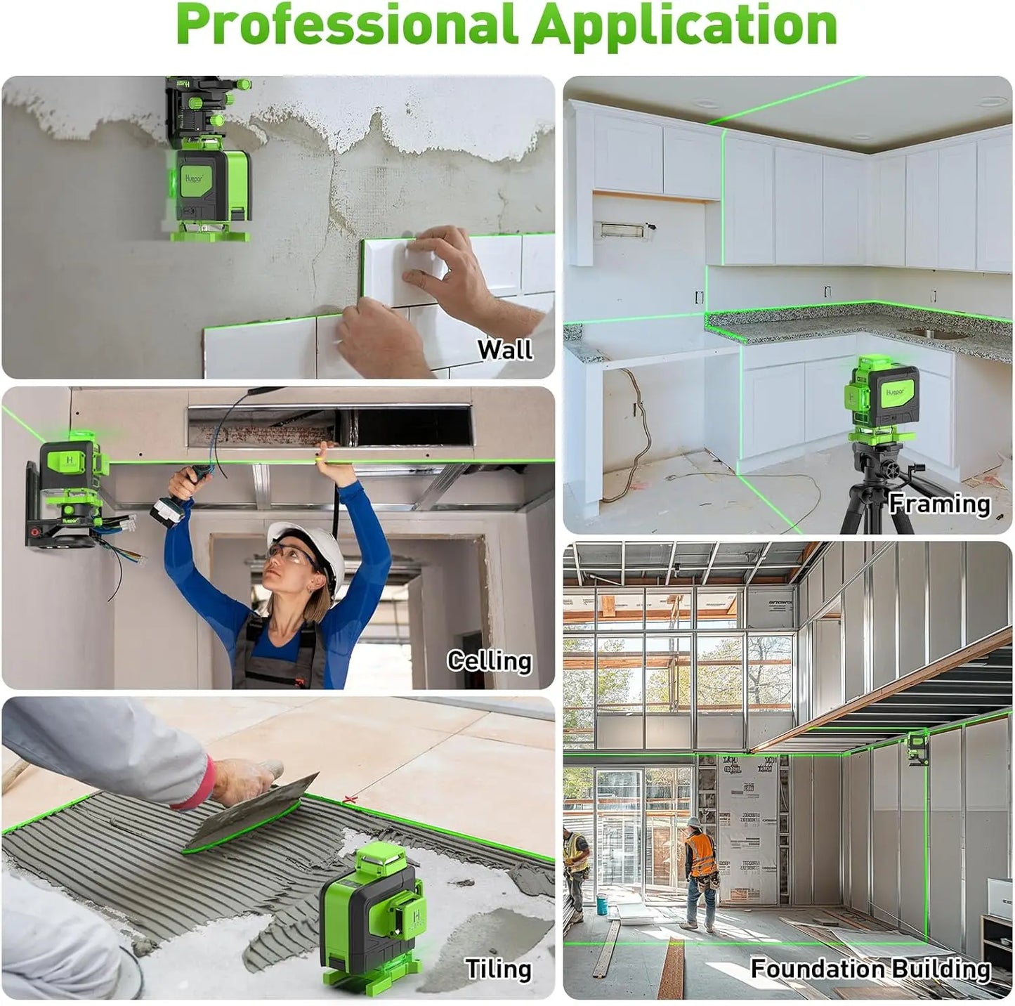 Huepar 904DG 16 Lines Laser Level With 100M Rangefinder 4D Green Beam Cross Line Laser Tools With Remote Control For Tiles Floor