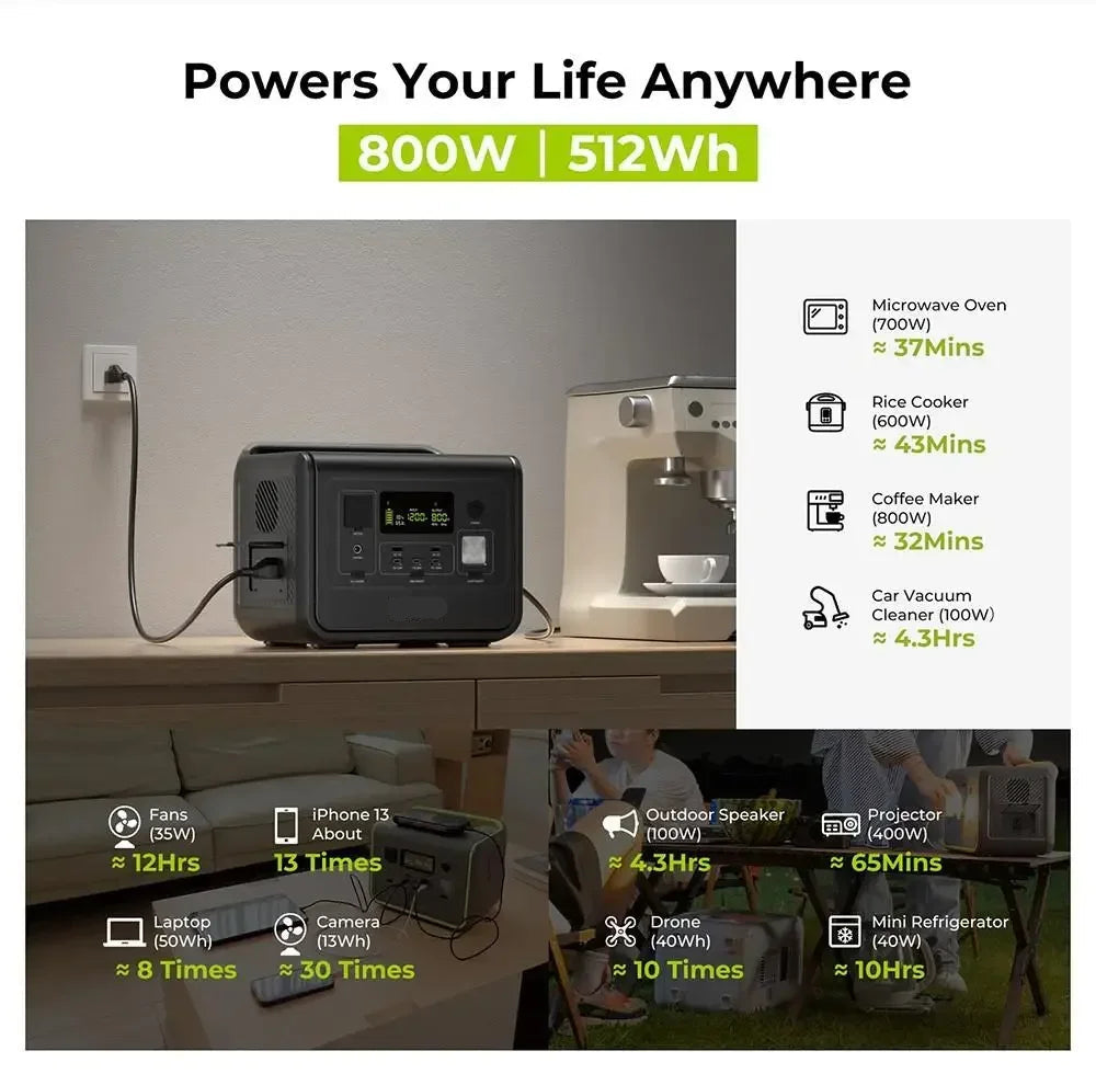 Powerstation – Draagbare Energiecentrale – Mobiele Batterij – Noodstroom – 512Wh Capaciteit – 800 Watt Vermogen - LiFePO4 Batterij - voor Home Backup - Outdoor Kamperen - Mobiele Stroom - Zwart