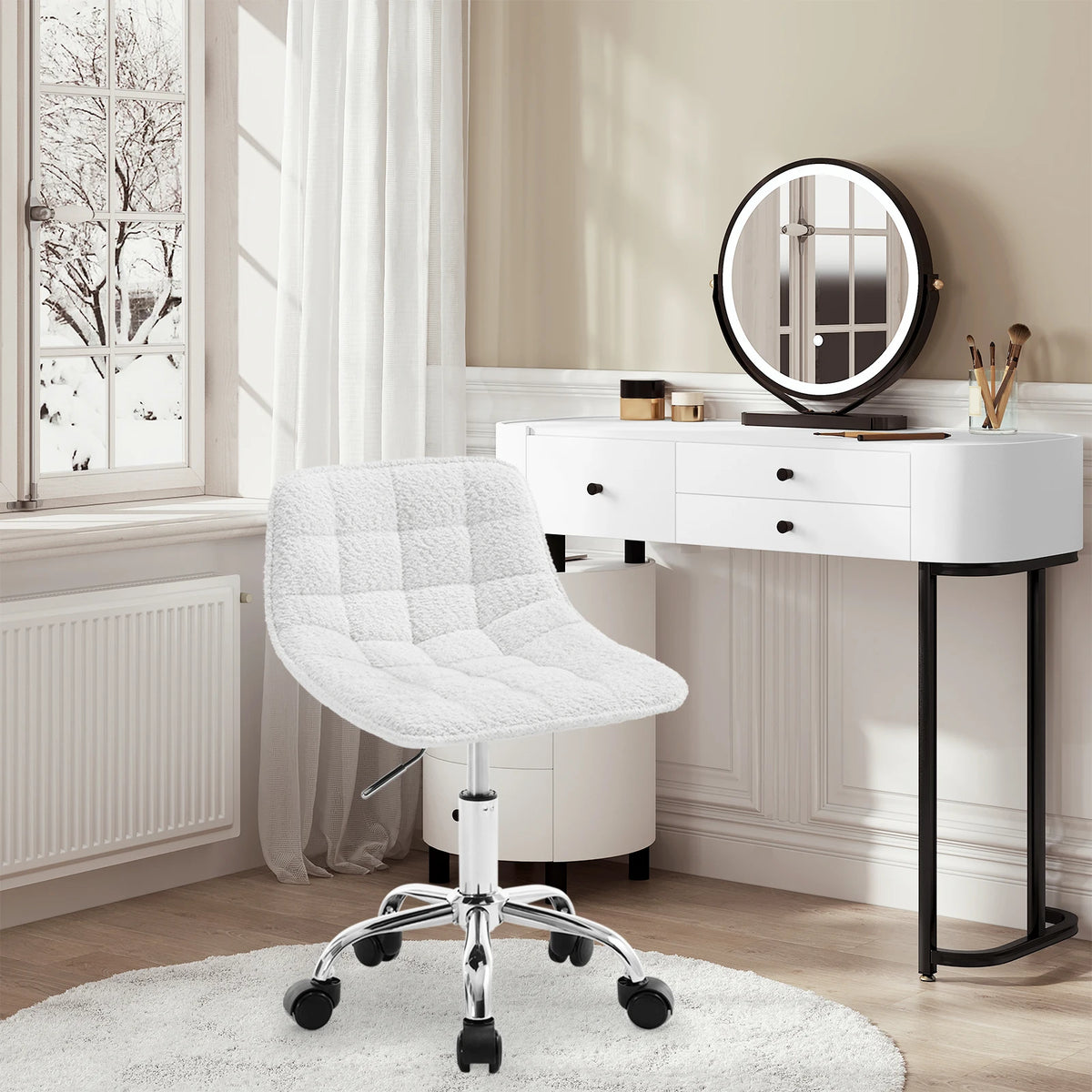 Stoel - Bureaustoel - Eetkamerstoelen - Verstelbare Hoogte - Comfortabele - Rugleuning - 360° Rotatie - Kantoor - Make-up - Crème Fluweel