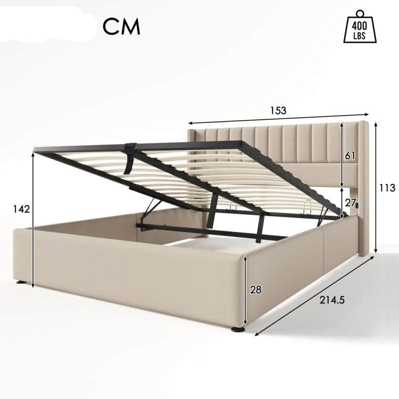 Bed Met Opbergruimte – Bedframe – Slaapbed – Opbergbed – Beige – Massief Hout – 140x200 Cm Matras