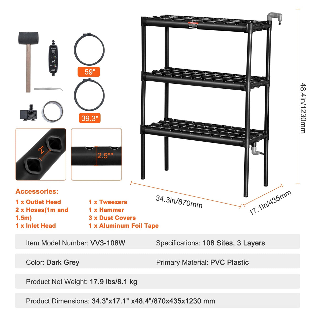 Hydrocultuur -Hydrocultuursysteem - Kweektafel -Hydrocultuurvoeding - Moestuintafel - Hydrocultuurkweeksysteem - 108 plaatsen 3 lagen - met watertimer Manden en sponzen