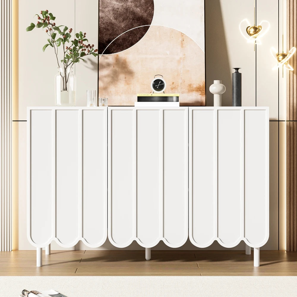 Modern Dressoir – Wit Dressoir – Sideboard – Opbergkast – Buffetkast – Handenvrij Met Golvende Deuren – Verstelbare Legplanken – Compact 120x35x80 cm