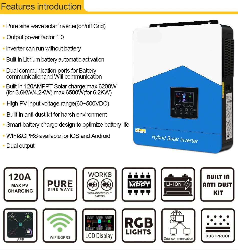 Hybride Zonne-omvormer – Solar Inverter – Energieomvormer – Off-grid Omvormer – Zonnepaneel Omvormer – 6.2KW Vermogen – Pure Sinusgolf Met WIFI