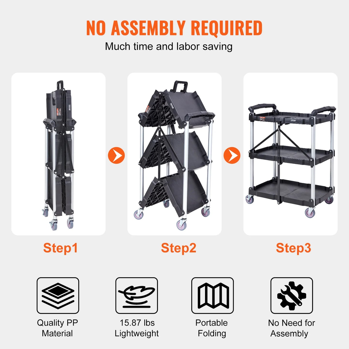 Serveerwagen - Keukentrolley - Utility Cart - Roltafel - Vouwbare - 3-Tier - Slim Slide Organizer - voor Keuken, Badkamer of Opslagruimte - QUORE