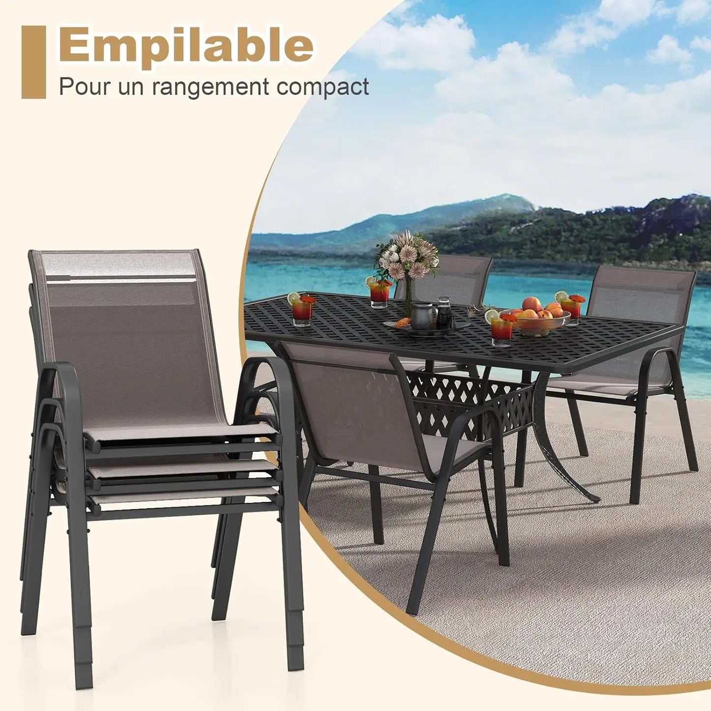 4-delige stapelbare tuinstoelenset met armleuningen – metalen frame – textilene – balkonstoelen – grijs – 150 kg draagvermogen