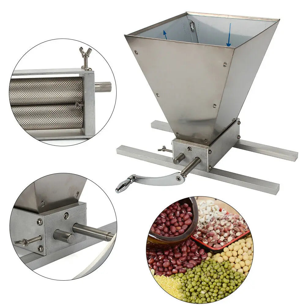 Grinder - Manual Malt Mill - Machine Household Herbs - Stainless Steel - Barley Grain Mill - Multifunctional with 2 Stainless Steel Rollers - Silver