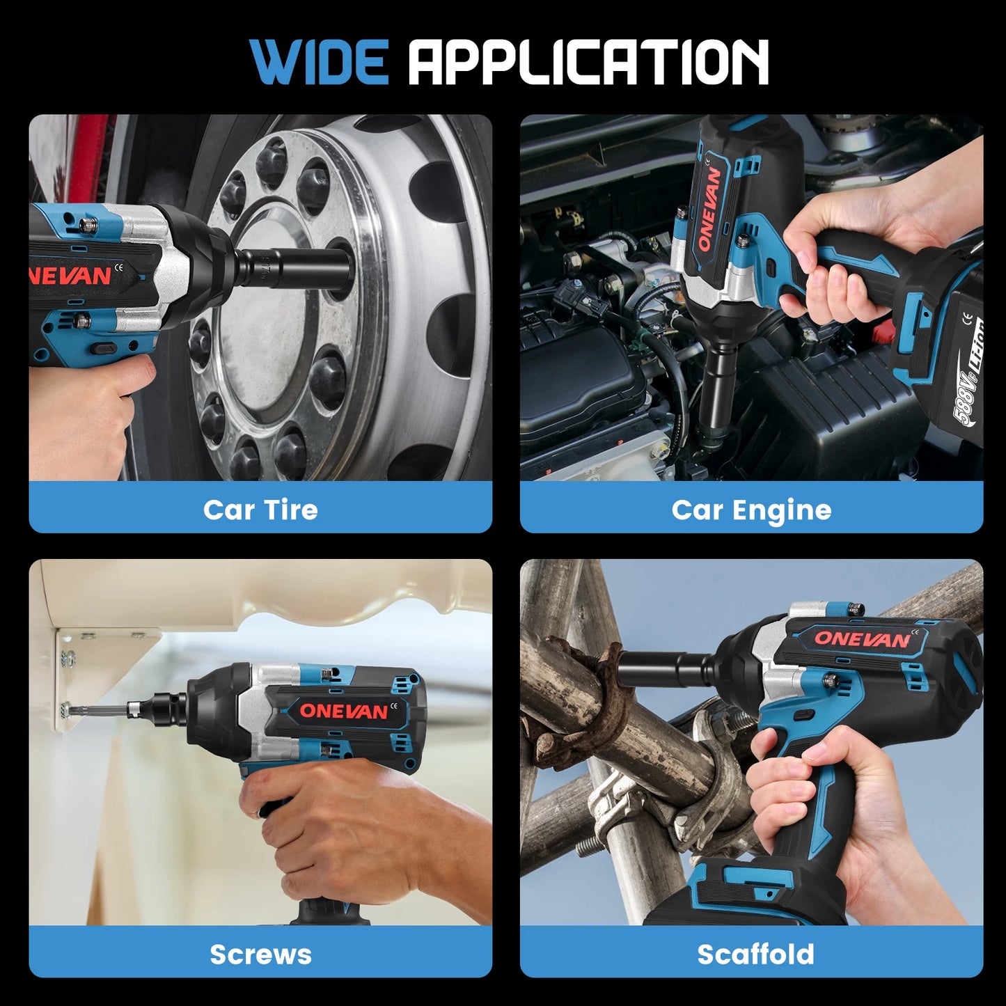 Accu Slagmoersleutel – Impact Wrench – Elektrische Moersleutel – Schroefmachine – Boormachine – Variabele Snelheid – 1000 N.m Koppel – 2 Batterijen Blauw