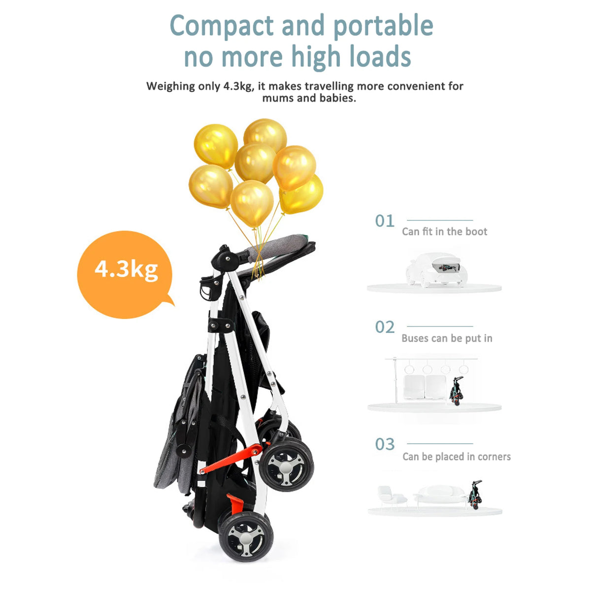 kinderwagen - 3 in 1 Draagbare Kinderwagen - Jogging buggy - Baby kinderwagen - Kinderwagen - Runner - Lichtgewicht kinderwagen - Baby Trolley - Reiswagen voor pasgeboren baby's - Zwart - QUORE