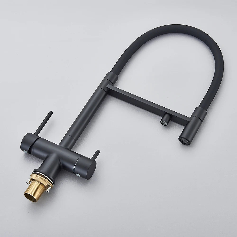 Keukenmengkraan - met Uittrekbare Uitloop – Keukenkraan - Dual Handle en Gefilterd Water - Koud en Warmwaterkraan - Uittrekbare Sproeikop - Matzwart
