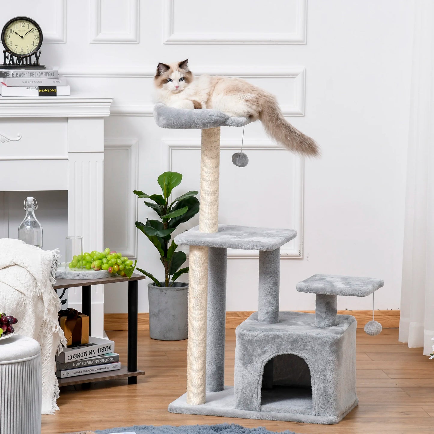Kattenboom - Krabpaal - met Platform - Perfect voor Een Dutje Doen - Sporten - Spelen - Spaanplaat - Zacht pluche - 60 x 40 x 114 cm - Grijs