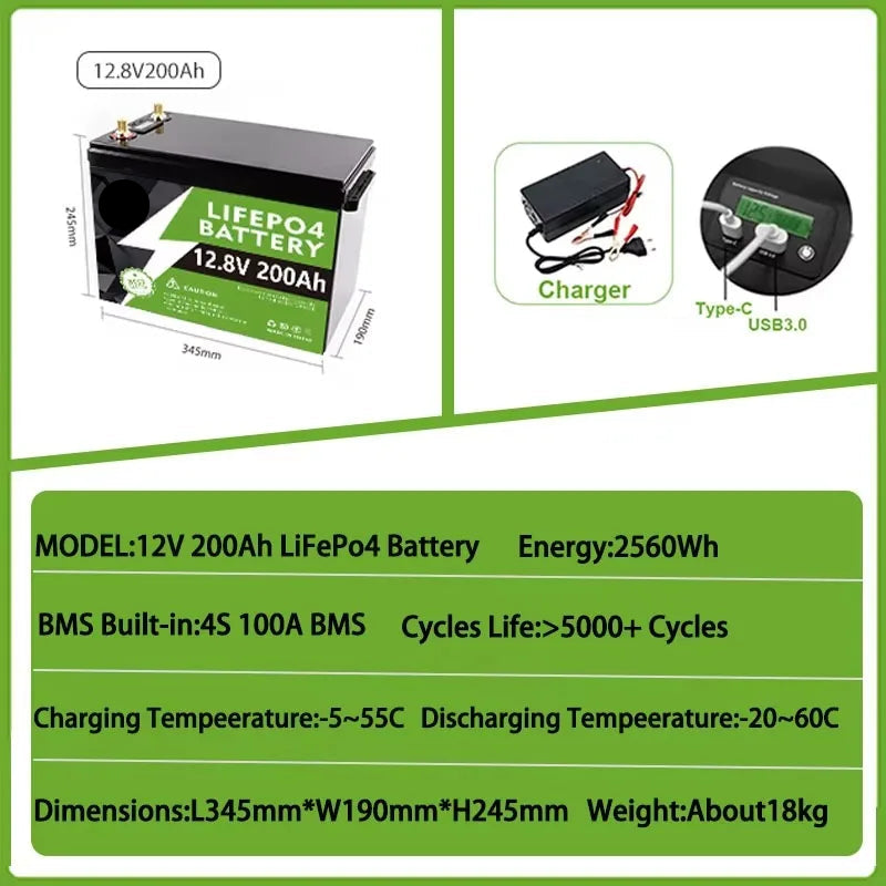 12V LiFePO4 Batterij – Lithium-IJzerfosfaat Accu – Noodstroomvoorziening – Draagbare Batterij – 200Ah Capaciteit – 3000W Pure Sinusgolf Omvormer