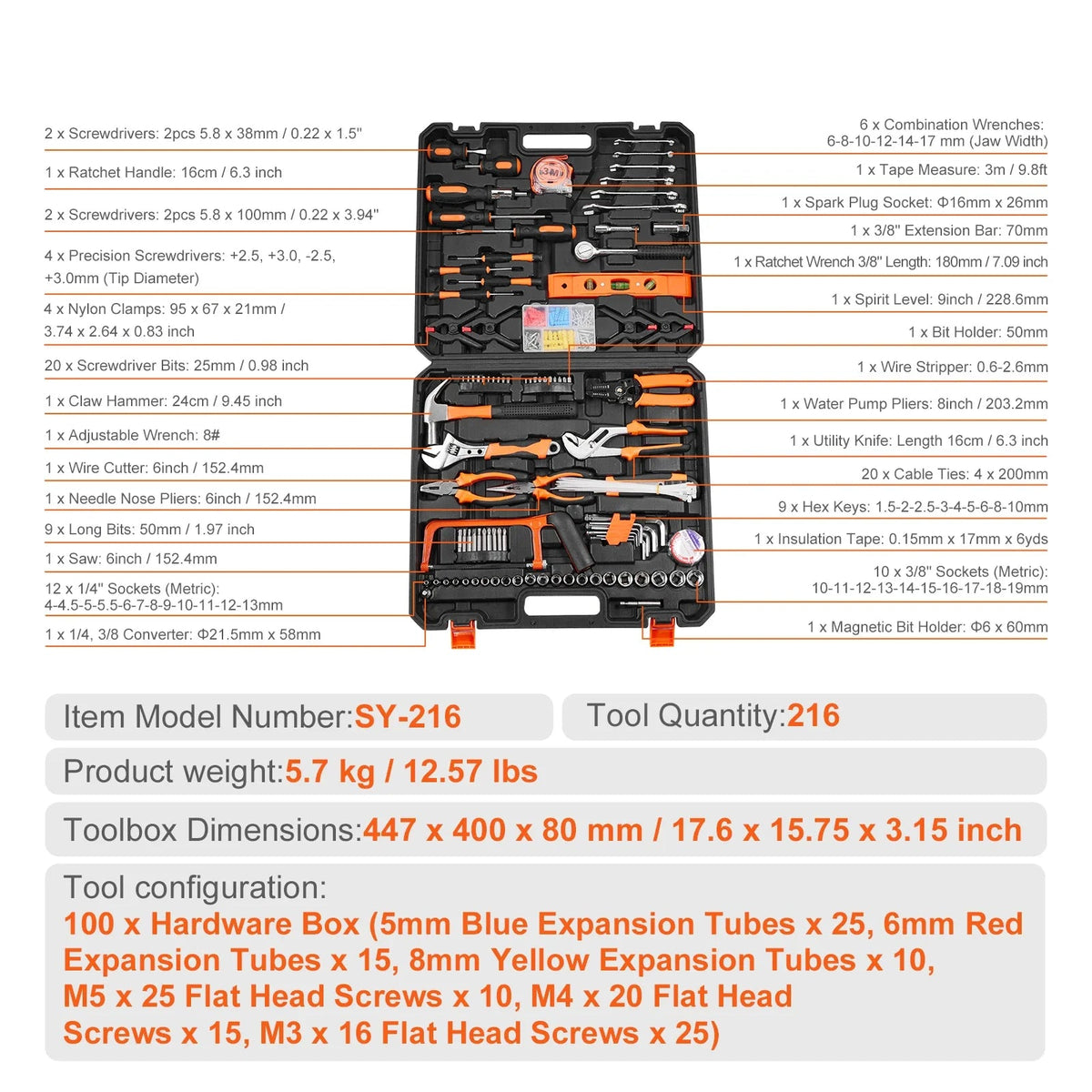 Tool Set – 216 Piece Hand Tool Set – Includes Screwdrivers, Wrenches, Hammer & Pliers – Storage Case – Black
