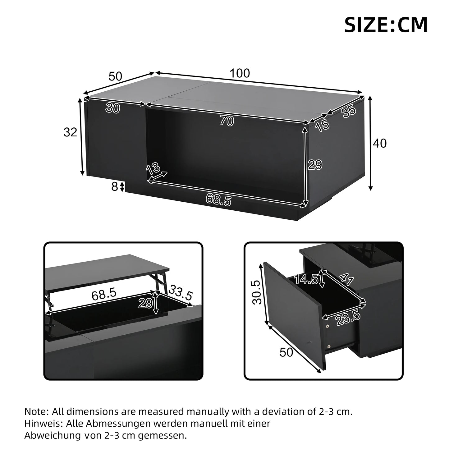 Salontafel – Koffietafel – Bijzettafel – Woonkamertafel – Tafel – Verstelbaar Hoogte – Met Verstelbare LED-verlichting en Opbergruimte – 100x50x40 cm - QUORE