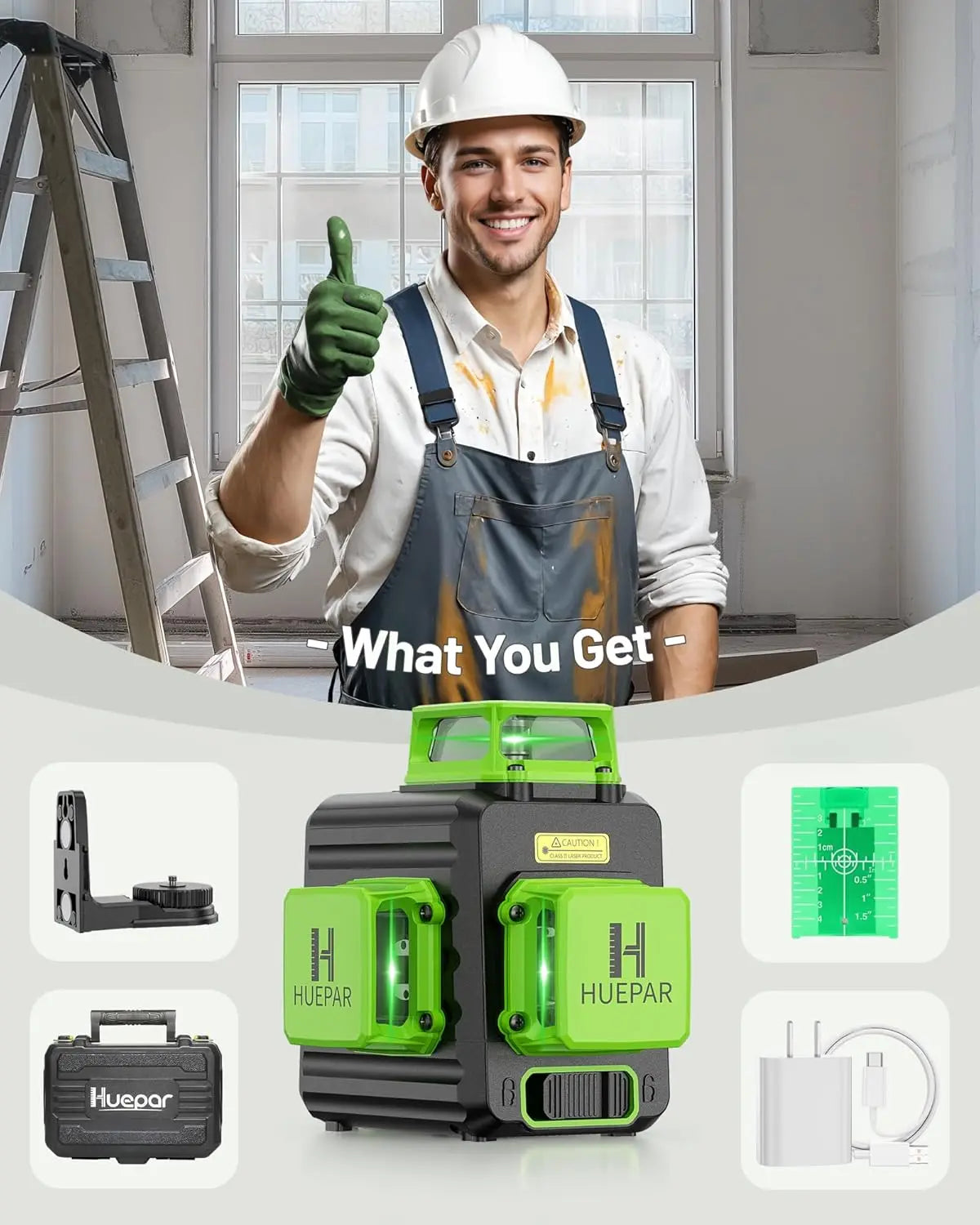 Huepar B03CG 12 Lines Laser Level 3D Self Leveling High Brightness Green Horizontal And Vertical Cross Line Laser With Hard Case