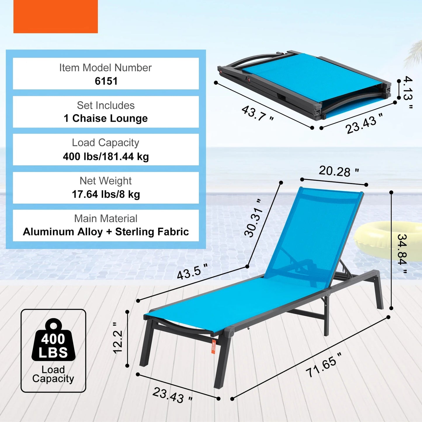 Ligstoel – Verstelbare Ligstoel – Tuinstoel – Strandstoel – Balkonstoel – 5 Verstelbare Standen – Lichtgewicht Aluminium Frame - Blauw - 17.64lbs