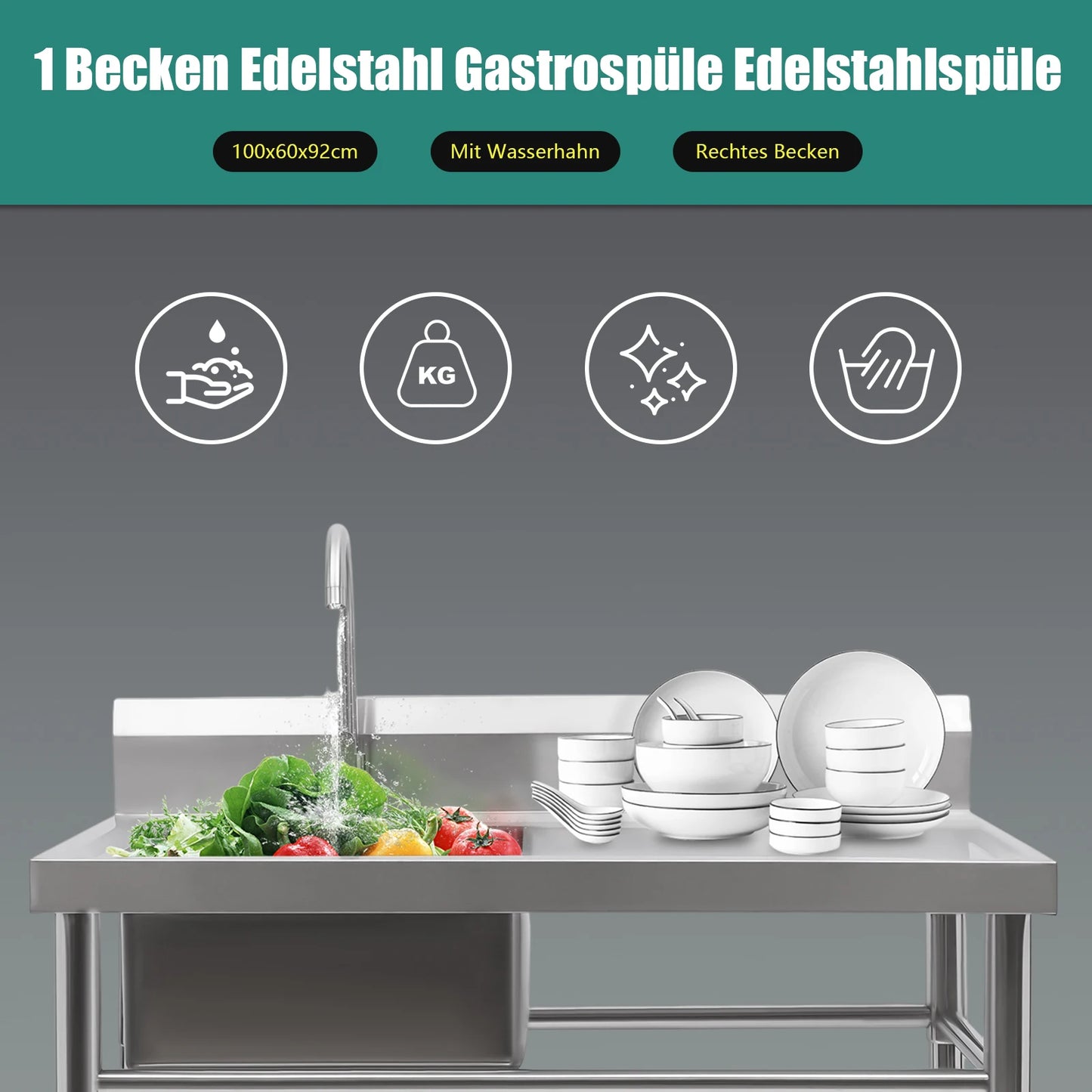 Vrijstaande Spoeltafel – RVS Spoelbak – Horeca Wasbak – Professionele Spoeltafel – 201 Roestvrij Staal – Verstelbare Poten
