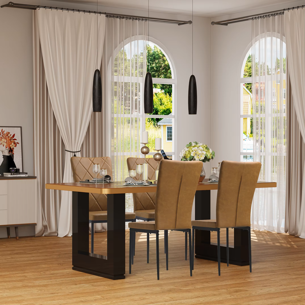 Stoel - Eetkamerstoelen - Set van 4 Leer Eetkamerstoelen - Ergonomisch - Metalen Poten - Hoge Rugleuning - Comfortabel & Stabiel – Voor Keuken - Eetkamer - 42x94.5x 59cm - Bruin Leer