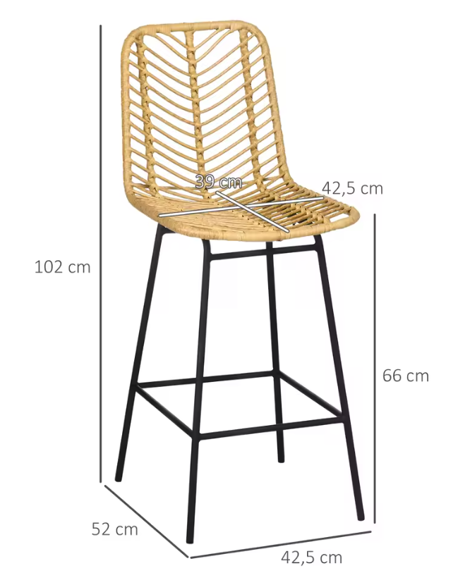 Eetkamerstoel – Stoel – Zitstoel – Keukenstoel – Dining Chair – Synthetisch Rattan – Zwarte Stalen Poten – Comfortabel Zitten – Compact Formaat - Natuurlijk hout