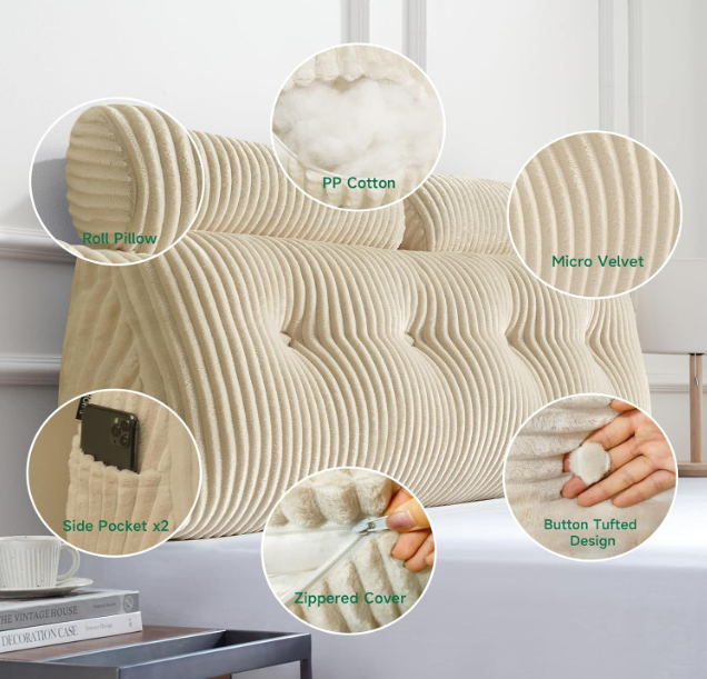 Lees-/Boekenkussen – Wigkussen – Rugkussen – Leeskussen – Kniekussen – Ergonomisch Ontwerp – Afneembare Wasbare Hoes – Creme 100x50x20 cm