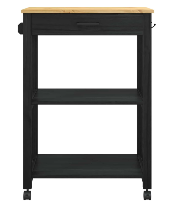 Keukentrolley – Keukenwagen – Opbergwagen – Karren – Serveerwagen – Zwart – Massief Grenenhout – 360° Wieltjes – Ruime Opbergruimte 60x40x90 cm
