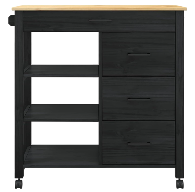 Keukentrolley – Keuken Kar – Serveerwagen – Opbergkar – Keukenwagen – Zwart – Massief Vurenhout – 88,5 x 40 x 84 cm – Mobiel Met 4 Zwenkwielen