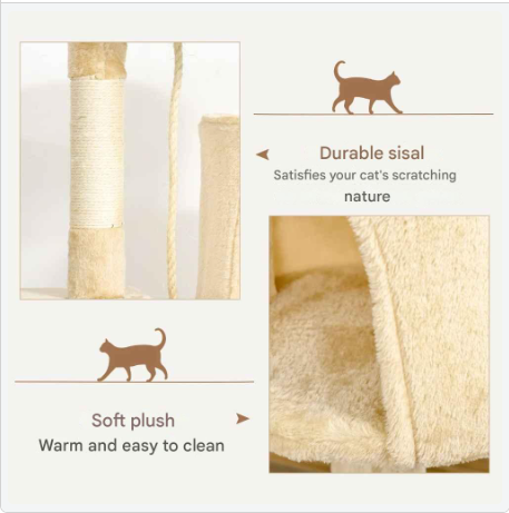 Kattenkrabpaal - Krabpaal - met Huisje - Meerdere Niveaus - Platforms en Speelballen - 114 cm Hoog - Stevig en Duurzaam - Beige - QUORE