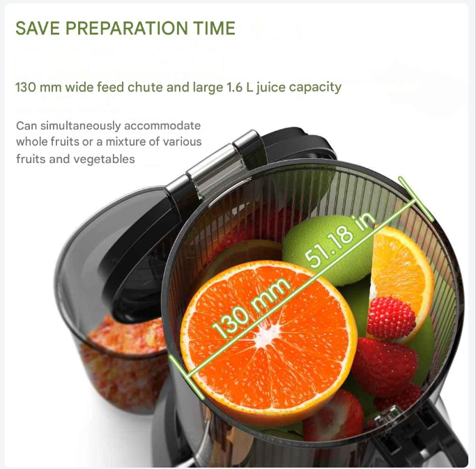 Slowjuicer - Juicer - Cold Press - met 130mm Vulopening - 1.8L - 65 RPM - BPA-vrij - Hoge Sapopbrengst - Geschikt voor Hele Groenten en Fruit - Makkelijk Schoon te Maken