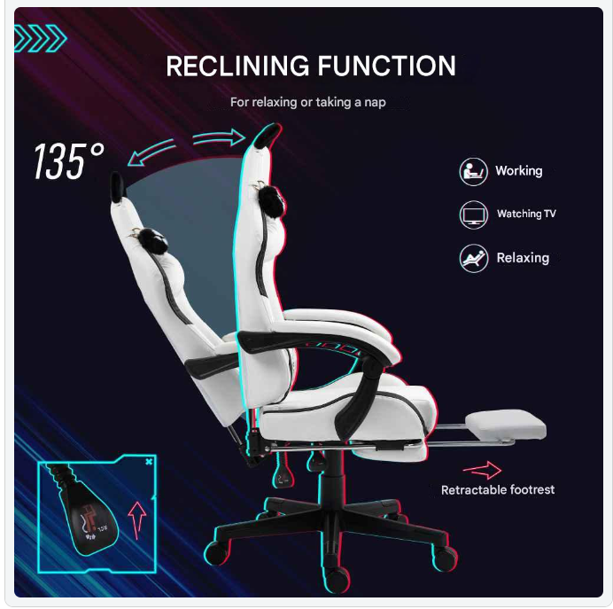 Gaming Stoel - met Voetsteun - Bureaustoel - Ergonomische - Verstelbare - 135° Kantelbaar - Duurzame materialen - Uniek Design - 120 kg Draagvermogen - Hemelsblauw - QUORE