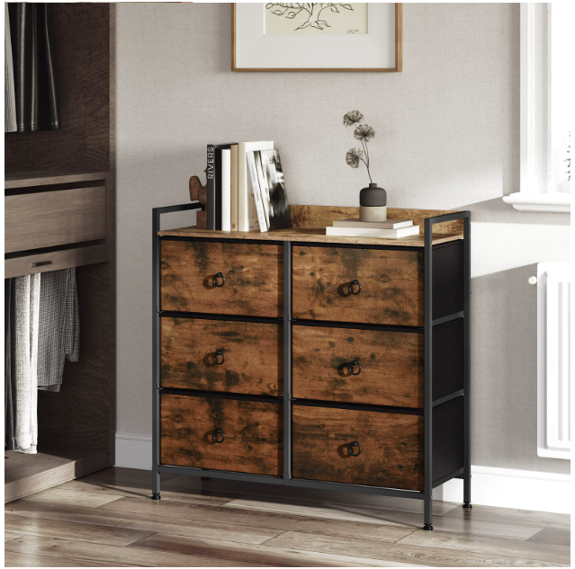 Ladekast met 6 Lades - Opbergkast met Houten Top & Metaal Frame - Voor Slaapkamer - Hal of Woonkamer - Met Zijbord & Verstelbare Voetjes - 80x29x78 cm - Rustiek bruin
