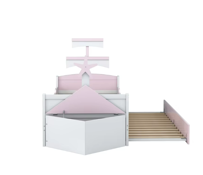 Houten kinderbed - Zeilbootvorm - Lades - Opbergkast Aan Het Einde Van Het Bed - Eenpersoonsbed - Roze