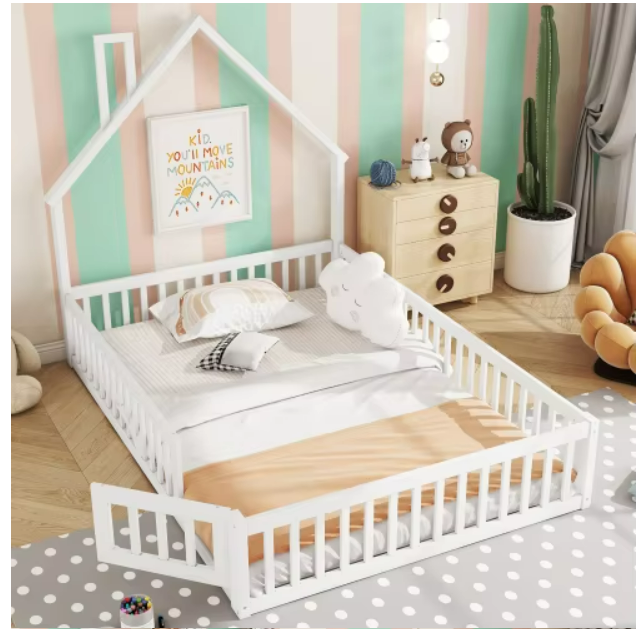 Kinderbed Tweepersoonsbed - Bed in Huis Design met Schoorsteen - Massief Houten - Bed met Lattenbodem - 140x200 cm – Wit