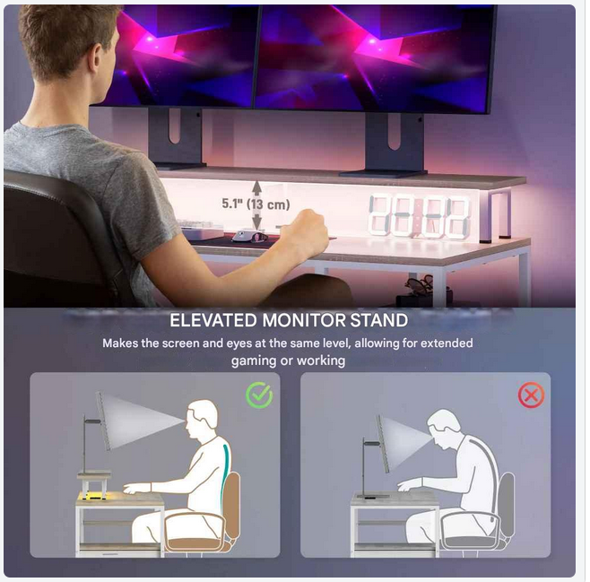 Bureau - Bureautafel - Computerbureau - Kantoor Tafel - Werktafel - 155,5x48x75,5cm - met Monitorstand - USB-poorten - en Stopcontacten - Natuurlijk Houtlook - en Wit - QUORE