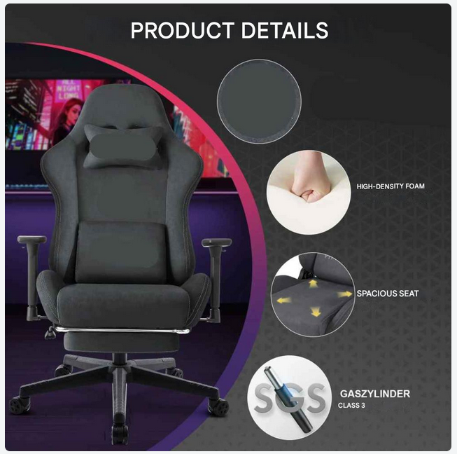 Ergonomische Gamestoel – Bureaustoel – Gamingstoel – Comfortabele Stoel – Faux Suède Bekleding – 3D Verstelbare Armleuningen – Uittrekbare Voetsteun - Grijs