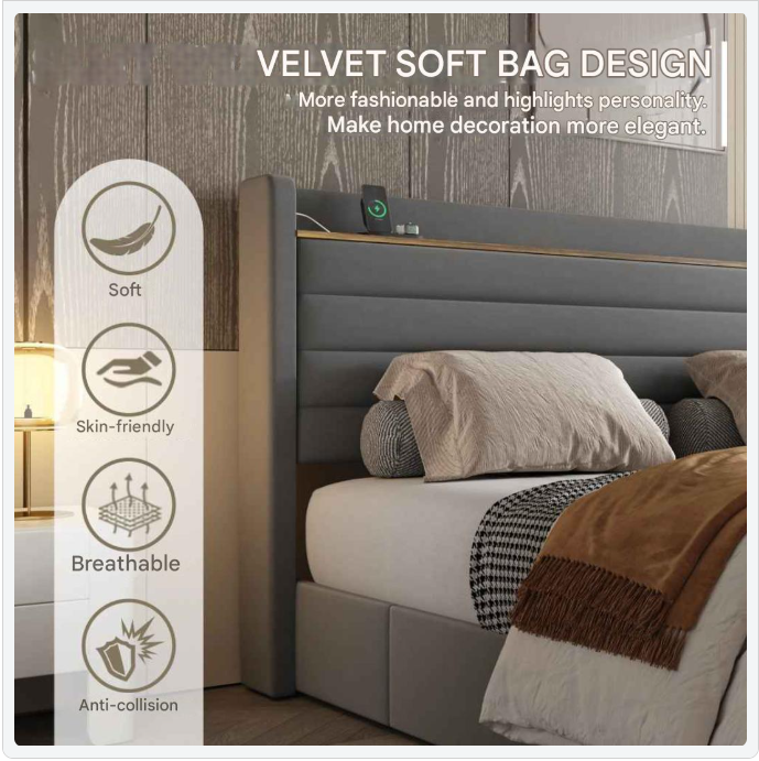 Velvet Bedframe – Fluwelen Bed – Modern Bed – Slaapkamer Meubel – Opbergruimte Met Lades – USB Poorten