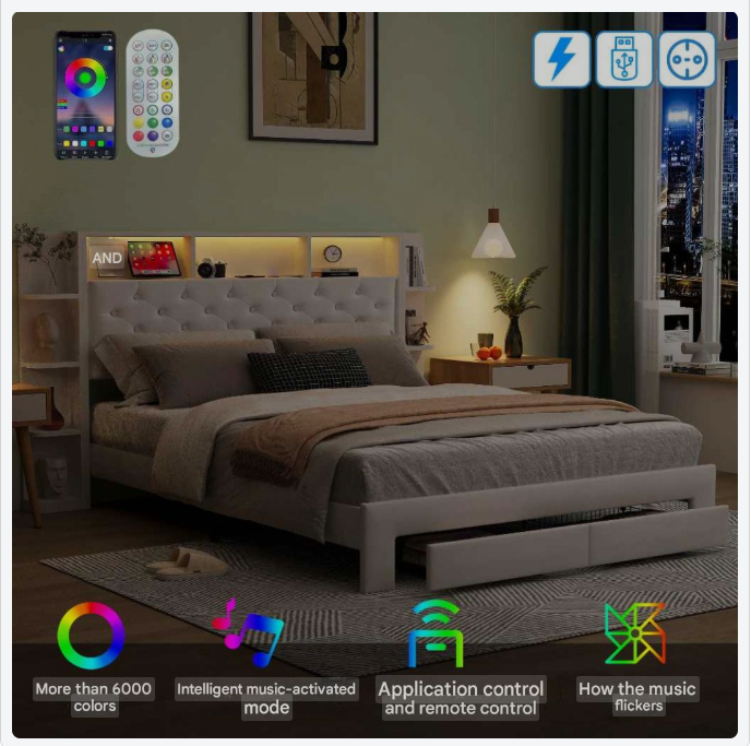 Bed – Slaapbed – Ledikant – Opbergbed – Velvet Bekleding – USB Oplaadpoort – Verstelbare Ledverlichting