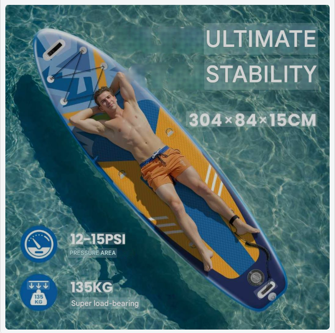Opblaasbare Paddleboard – Stand Up SUP Board – Inflatable SUP – SUP Surfplank – Watersport Board – Blauw Oranje 335x84x15 cm – Stabiel En Ruim – Inclusief Verstelbare Peddel & Rugzak