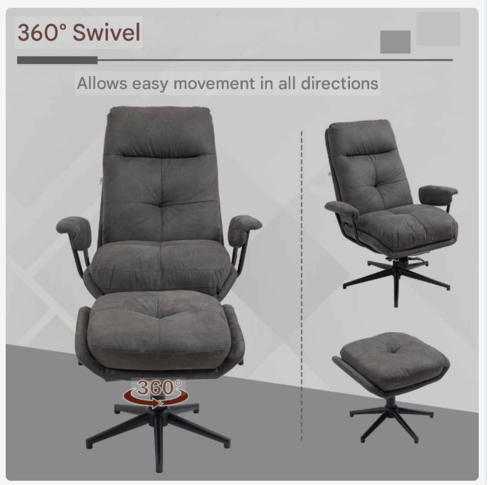 Relaxfauteuil – Relaxstoel – Fauteuil Met Voetenbank – TV-stoel – Draaifauteuil – Donkergrijs – Verstelbare Rugleuning Tot 130° – 360° Draaibaar