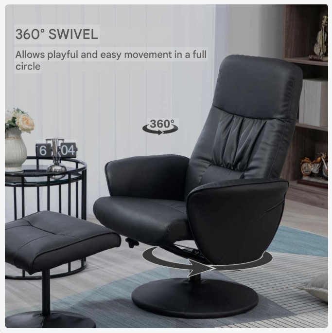 Fauteuil – Relaxstoel – Leunstoel – Zithoekstoel – Loungefauteuil – Verstelbare Rugleuning Tot 145° – Zwart Kunstleer Met Voetbank