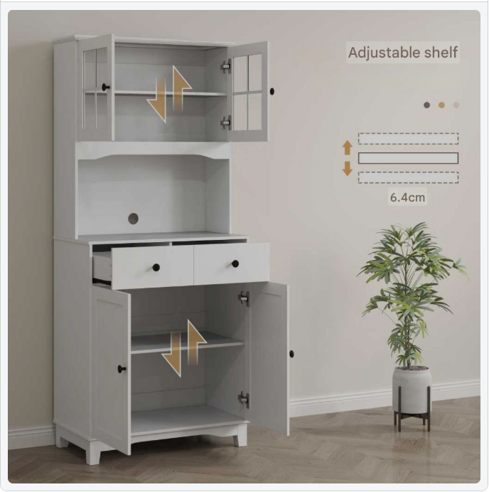 Hoge Keukenkast – Keukenkast Met Laden – Opbergkast – Buffetkast – Vitrinekast – Verstelbare Planken – Kabeldoorvoer Werkblad – Wit Melamine 74,5x40x172 cm