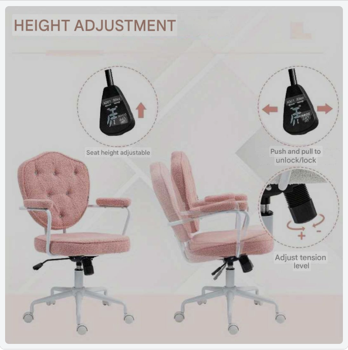 Bureaustoel – Kantoorstoel – Draaistoel – Gamestoel – Bureaukruk – Ergonomisch Ontwerp – Verstelbare Hoogte – Teddy Fleece Bekleding – Handmatige Kantelfunctie – Roze