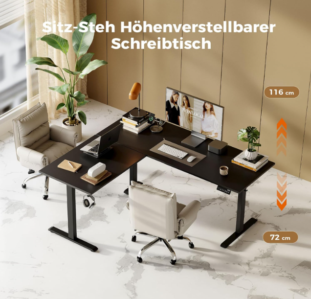 L-Vormig Bureau – Hoekbureau – Zit-Sta Bureau – Verstelbaar Bureau – Elektrisch Hoogte Verstelbaar – 160 x 140 cm – Stil Motorisch Systeem
