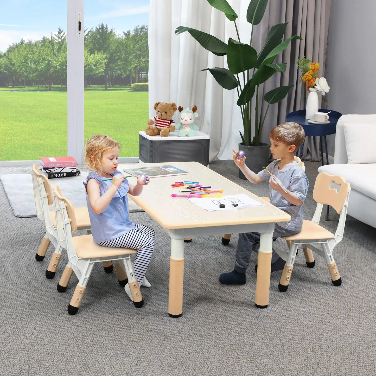 Kindertafel Set – Kinderbureau – Speeltafel – Kindermeubel – Studieplek – Verstelbare Hoogte – Duurzaam Kunststof Kaki