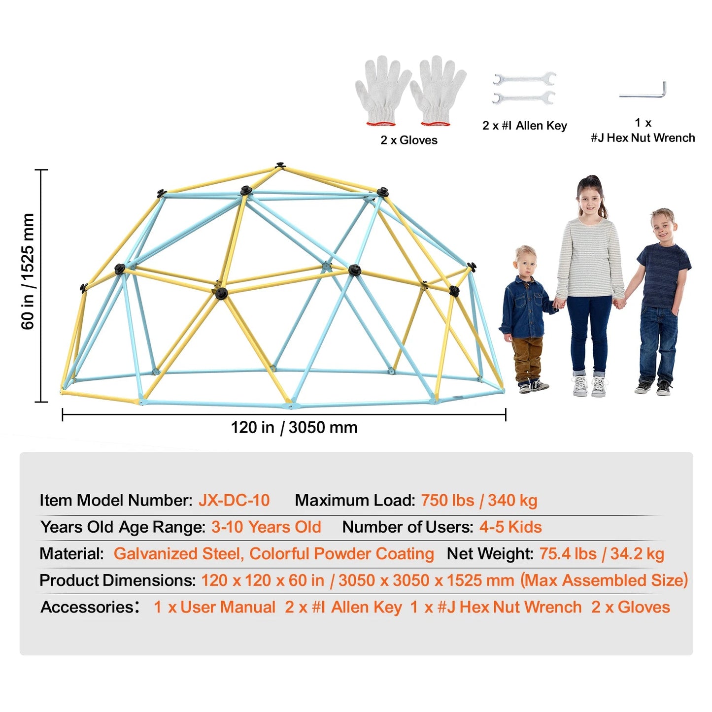 Klimkoepel - Voor kinderen - Geometrische koepel - Met klimgrepen - Speeltoestel - Geschikt voor binnen en buiten - Maximaal belastbaar gewicht 340 kg - 120x120x60in