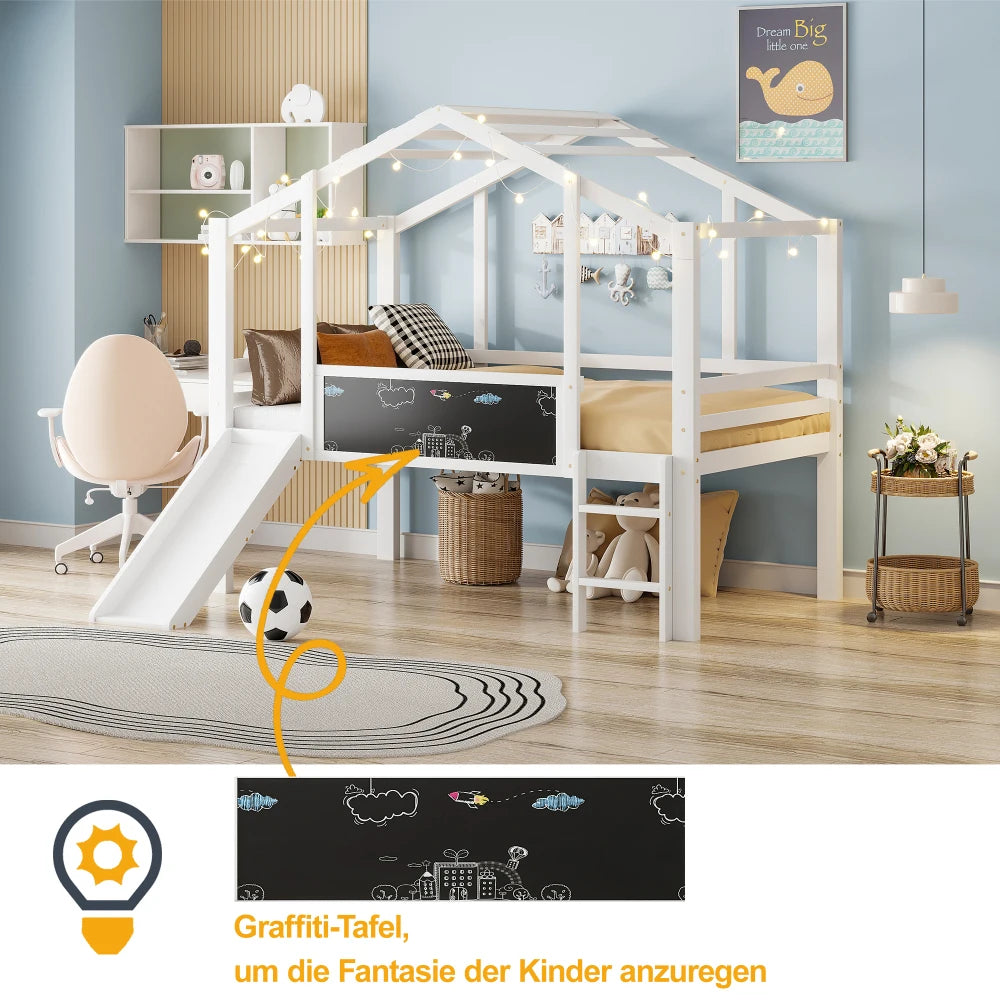 Kinderbed 90 x 200 cm – Hoogslaper – Speelbed – Stapelbed – Videbed – Massief Hout – Glijbaan en Krijtbord – Grijs Variant